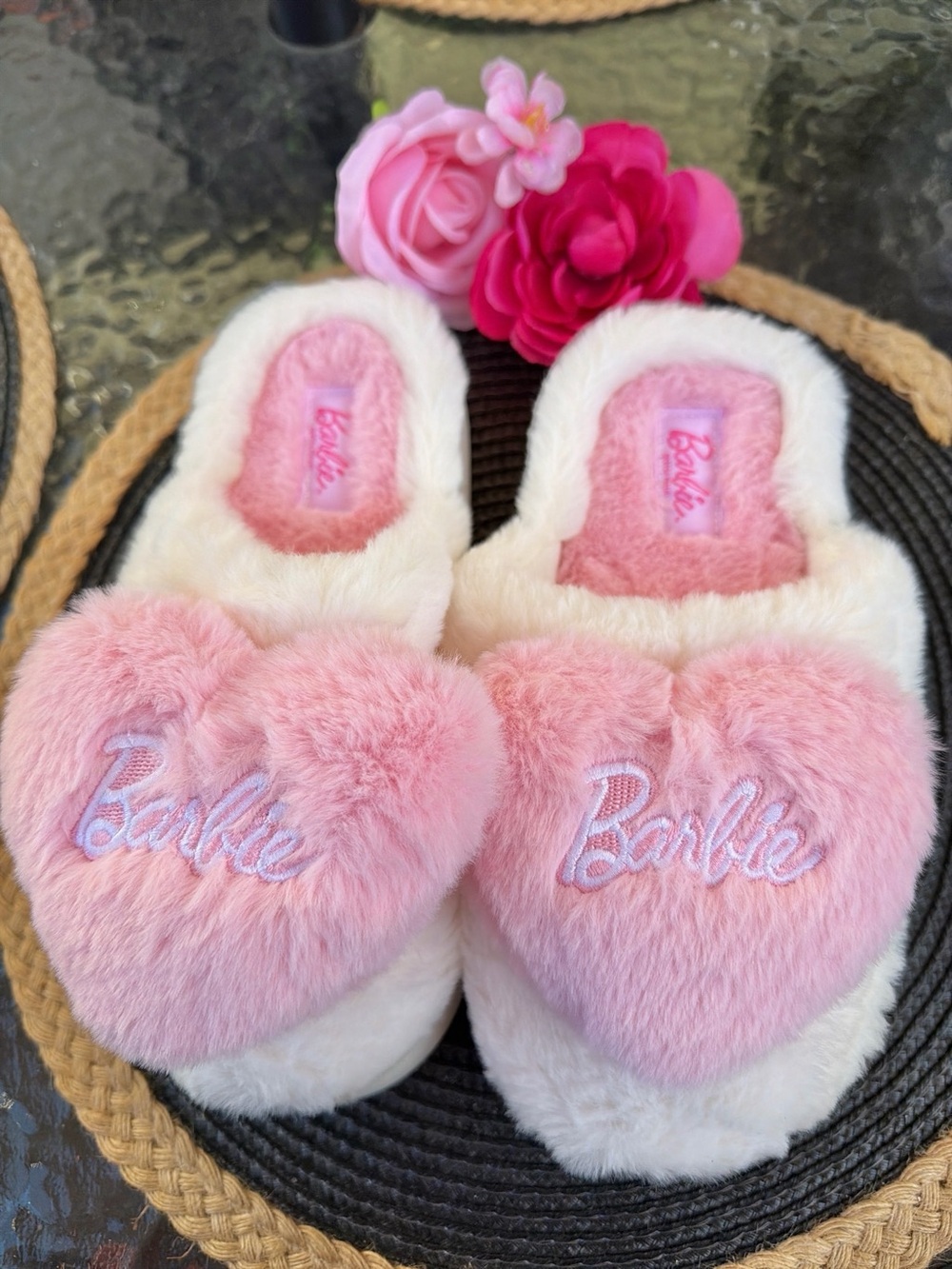 Barbie Pink and White Heart Fuzzy Slippers